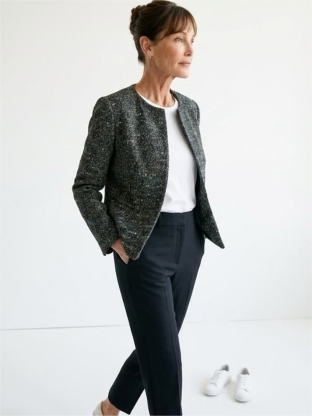 Ann Taylor Black Tweed Collarless Open-Front Jacket